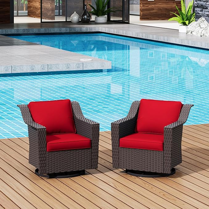 Patio 2 Pieces Wicker Swivel Chairs Set of 2，Outdoor PE Rattan Rocking Glider Armchairs, Water-Resistant Cushions with Removable and Washable Covers, Porch, Balcony, Sunroom (RED)