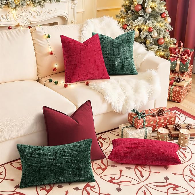 decorUhome Christmas Red Chenille Throw Pillow Covers 22x22 Set of 2 Thick Textured Slubby Couch Pillow Covers Farmhouse Accent Modern Neutral Decorative Pillow Cases for Bed Sofa Living Room