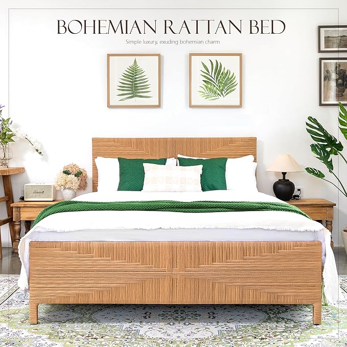 Yechen Boho Full Bed Frame with Headboard and Footboard, Hand-Woven Rattan Mid Century Modern Bedframe with Vintage Pattern, Wicker Bed with Metal Frame and Metal Slats, No Box Spring Needed, 1000lbs