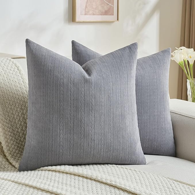 FUTEI Dark Grey Decorative Throw Pillow Covers 24x24 Inch Set of 2,Soft Cozy Wheat Ear Striped Patterns European Cushion Cases,Modern Home Decor for Couch Bed Living Room
