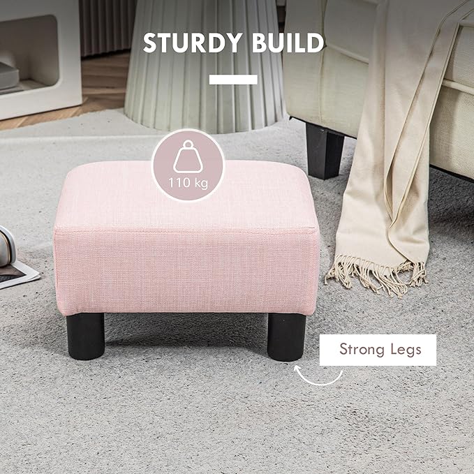 HOMCOM Ottoman Foot Rest, Small Foot Stool with Linen Fabric Upholstery and Plastic Legs, Cube Ottoman for Living Room, Pink