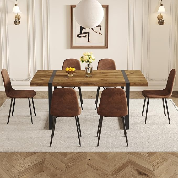 7 Piece Dining Table Set，Dinner Table Set for 6，71'' Dark Wood Kitchen Table and Suede Nap Fabic Chairs Set of 6，6 Chair Dining Table Set for Kitchen Dining Room