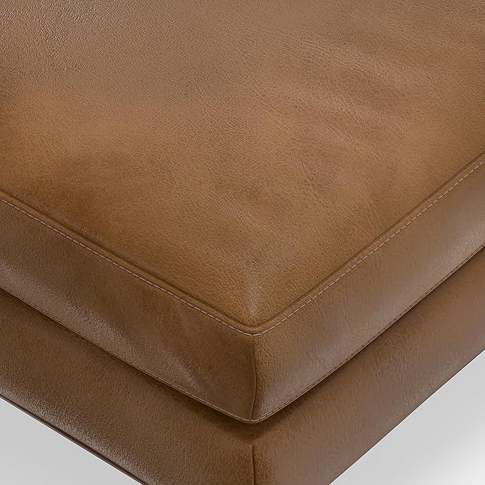 SIMPLIHOME Morrison 49 inch Wide Large Rectangular Ottoman in Caramel Brown Genuine Leather, Multifunctional Footrest, Coffee Table, and Extra Seating for Living Room, Mid-Century Modern Style