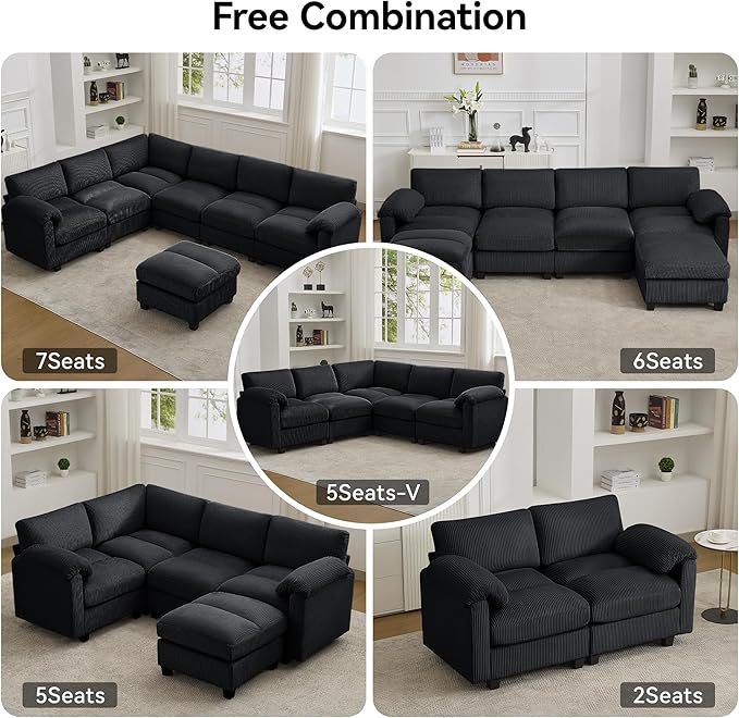 114'' V-Shaped Sectional Cloud Couch with Ottoman, 7-Seater Modular Couches for Living Room, Corduroy Oversized Deep Seat Sofa with Center Stitched, Black
