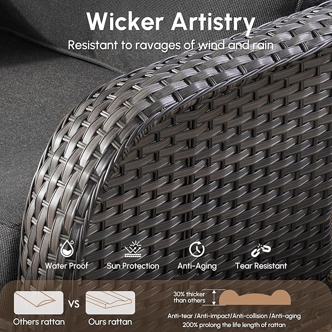 4 Pieces Wicker Patio Furniture - All-Weather PE Wicker Outdoor Conversation Bistro Set Loveseat Chairs with Table,Outdoor Rattan Sofa Chair High Back Deep Seating,Black