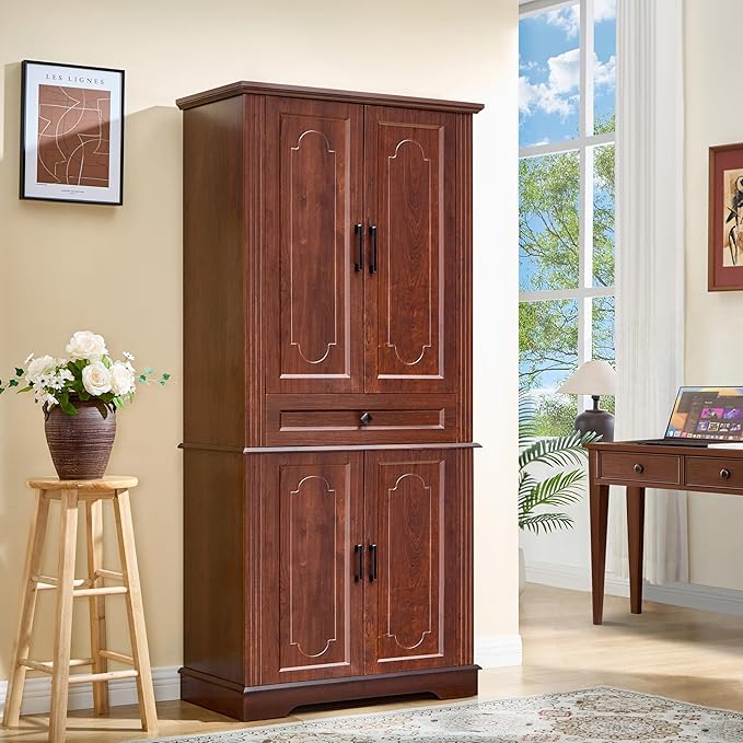 71" Tall Pantry Cabinet with Drawer and Adjustable Shelves, Modern Storage Cabinet with Doors, Kitchen Buffet Cabinet, Food Pantry Storage Cabinet, Coffee Bar, Living Room and Dining Room Cherry