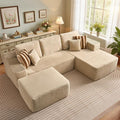 106" Cloud Sectional Couch with L-Shape Chaise & Ottoman, No Assembly Modular Sofa, Deep Seat Plush Corduroy Boneless Couched for Living Room (Beige Plush Corduroy, Right Facing Chaise with Ottoman)