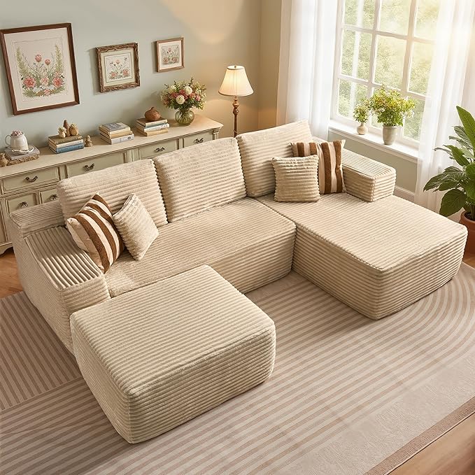 106" Cloud Sectional Couch with L-Shape Chaise & Ottoman, No Assembly Modular Sofa, Deep Seat Plush Corduroy Boneless Couched for Living Room (Beige Plush Corduroy, Right Facing Chaise with Ottoman)