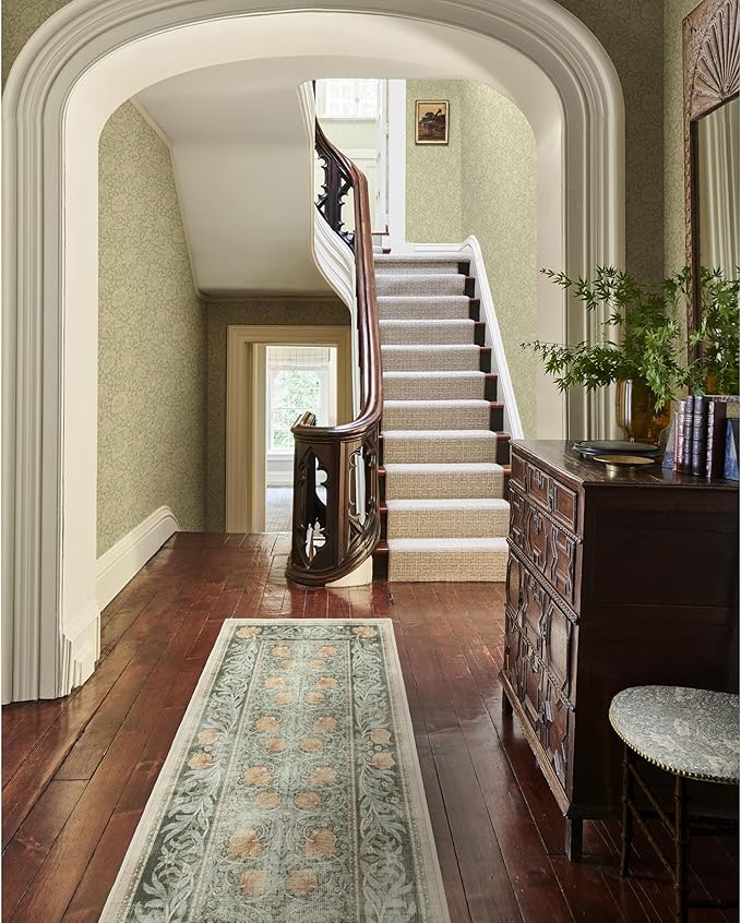 RUGGABLE x Morris & Co Machine Washable Runner Rug – Pimpernel Vintage Green 2.5x10, Stain-Resistant, Non-Slip – Washable Rug for Hallway, Entryway, Living Room & Kitchen–with Standard Pad
