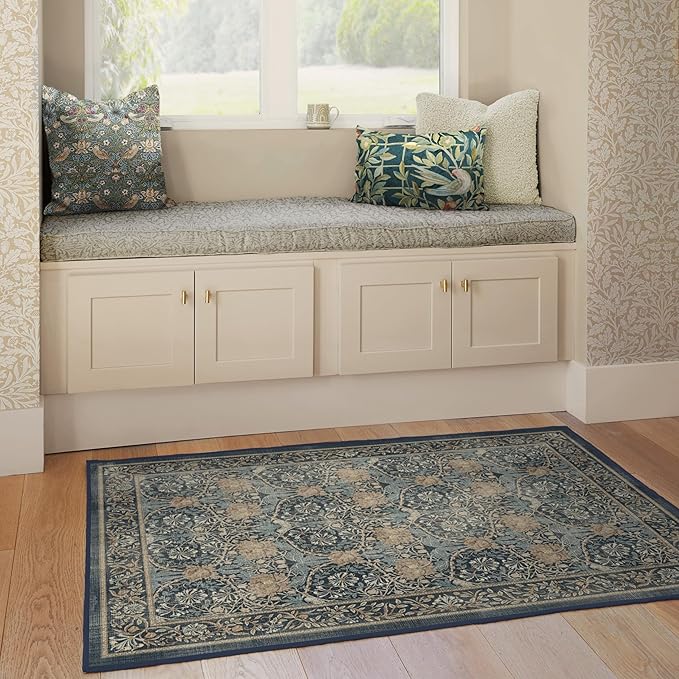 RUGGABLE x Morris & Co Washable Area Rug– Honeysuckle & Tulip Blue 4x6, Stain-Resistant, Non-Slip – Medium Machine Washable Rugs for Living Room, Bedroom, Hallway, Entryway & Office–with Standard Pad
