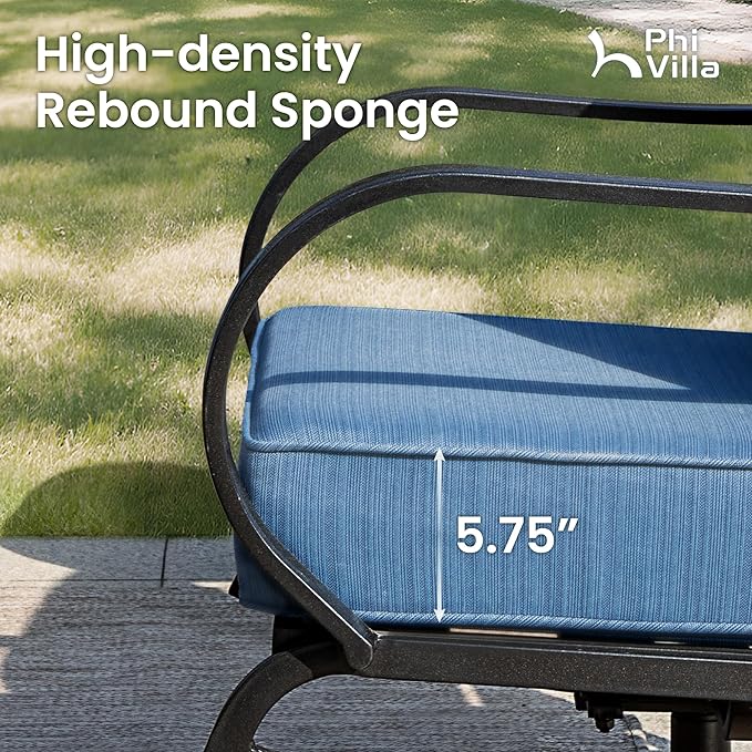 PHI VILLA 8 PCS Patio Furniture Set with Fire Pit Table,Metal Outdoor Furniture with 1 x 3-Seat Bench Sofa, 2 x Swivel Sofa Chairs, 2 x Leg Chair & 2 x Ottoman, Modern Patio Set, Peacock Blue