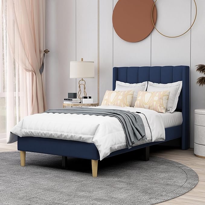 AGARTT Upholstered Platform Bed Frame Twin Size with Headboard and Footboard/Wooden Slats Support/No Box Spring Needed/Easy Assembly,Blue Velvet