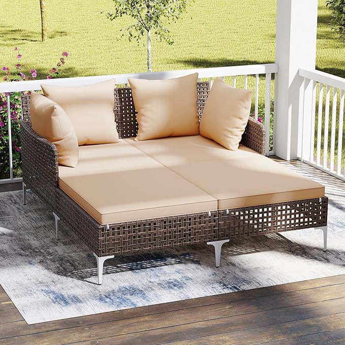 HAPPYGRILL Outdoor Patio Daybed PE Rattan Sunbed with Pillows and Cushions, Heavy-Duty Metal Frame, Outdoor Bed Lounger for Porch, Backyard and Poolside (Beige)