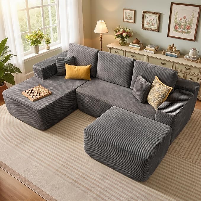 106" Cloud Sectional Couch with L-Shape Chaise & Ottoman, No Assembly Modular Sofa, Deep Seat Corduroy Boneless Couched for Living Room (Gray Stripe Corduroy, Left Facing Chaise with Ottoman)
