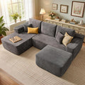 106" Cloud Sectional Couch with L-Shape Chaise & Ottoman, No Assembly Modular Sofa, Deep Seat Corduroy Boneless Couched for Living Room (Gray Stripe Corduroy, Left Facing Chaise with Ottoman)