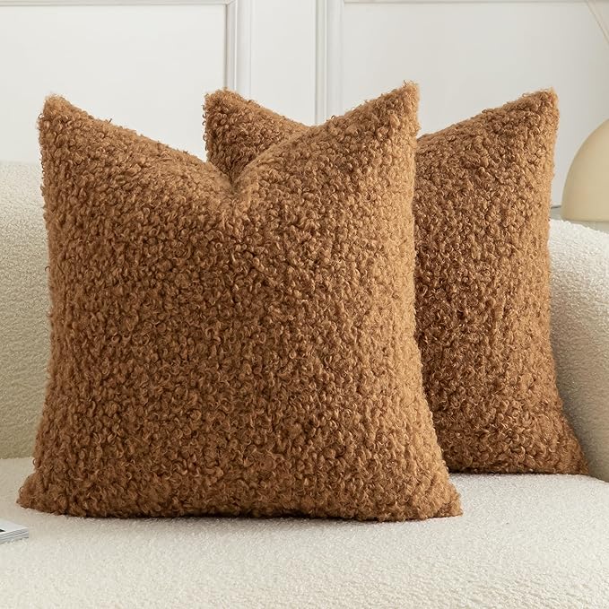 Pack of 2 Curly Teddy Wool Faux Fur Throw Pillow Covers Fuzzy Accent Soft Sherpa Pillowcases Sheepskin Fleece Decorative Cushion Case for Sofa Couch Living Room 24x24 Inch Bronze