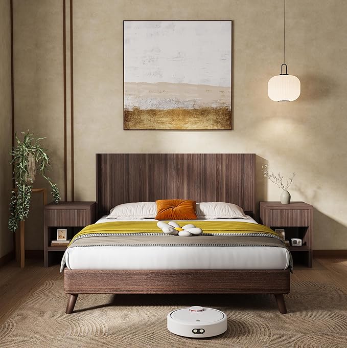 KEIKI Wooden Queen Size Headboard Only, 64.5" Wide Farmhouse Headboards with Wall Mounted Fluted Panel & Wingback for Bedroom, Walnut Brown