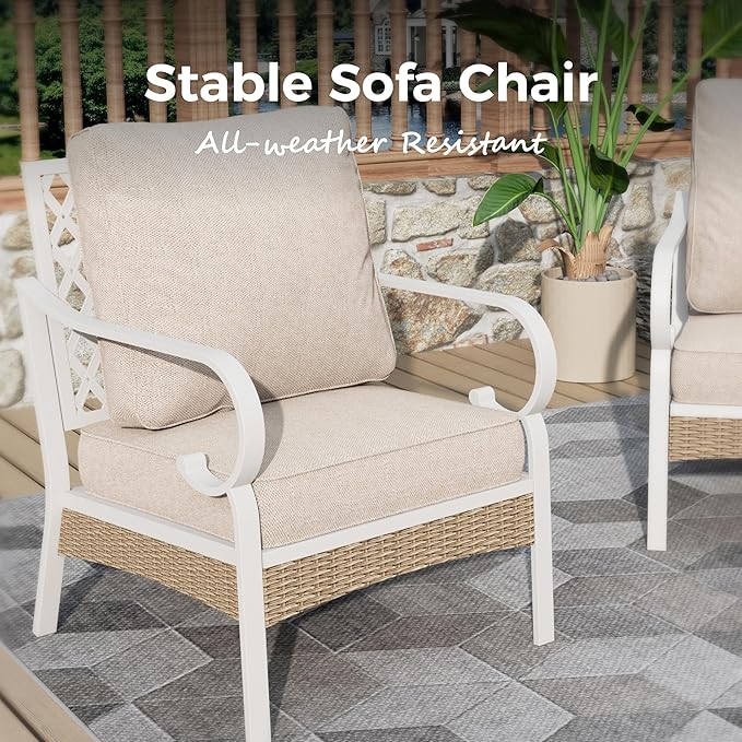 Outdoor Patio Leg Sofa Chairs Set of 2 Steel Frame Porch Furniture with Deep Seating and 5.5" Cushions for Lawn Backyard Deck, Beige