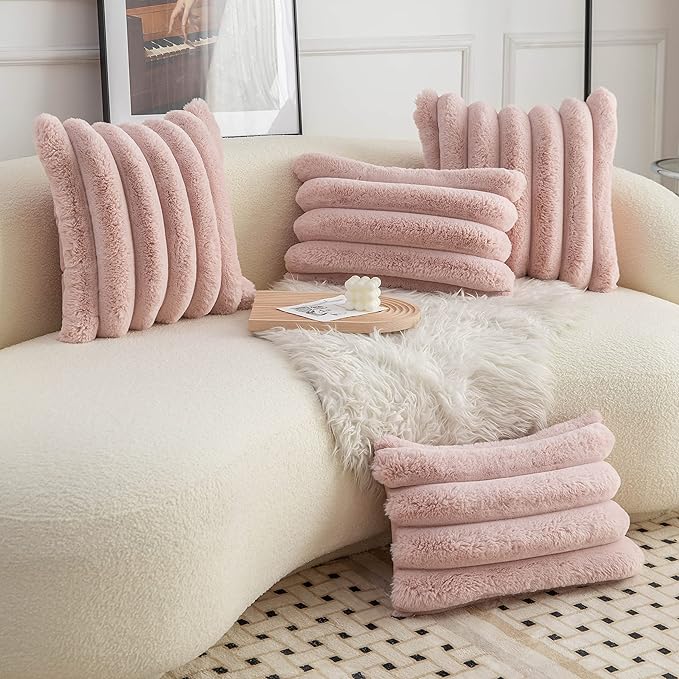Neelvin Pink Faux Fur Cozy Soft Striped Decorative Throw Pillow Covers 12x20 inch Set of 2,Velvet Pillowcase Cushion Case for Sofa Couch
