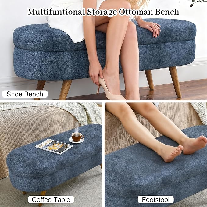 Storage Ottoman Bench 43" Storage Bench for Bedroom, Upholstered Soft Boucle Fabric End of Bed with Safety Hinge Solid Wood Legs Foot Stool Benches for Hallway,Closet,Oval, Entryway, Dark Blue