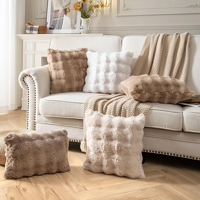 Pack of 2 Thick Plush Throw Pillow Covers Fluffy Wave Faux Fur Decorative Cushion Covers Soft Wool Pillowcase for Sofa Couch Livingroom 18x18 Inch Camel