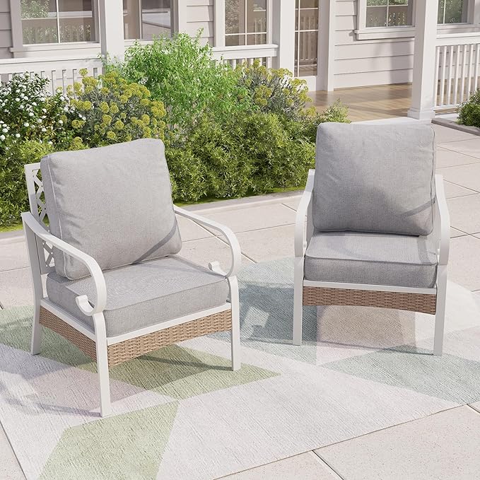 Patio Chairs Set of 2, Outdoor Sofa Chairs with Deep Seating and 5.5" Cushions, Steel Frame Porch Furniture for Lawn Backyard Deck, Light Grey
