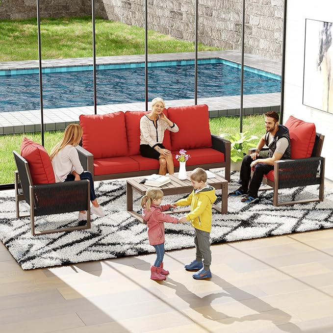4 Piece Patio Furniture Set, Wooden Outdoor Furniture Conversation Set with Coffee Table, Modern PE Wicker Patio Chairs Conversation Sets with Sofa for Garden, Terrace, Porch, Balconies, Lawns