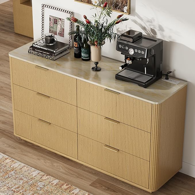Fluted 6 Drawers Dresser with Charging Station, 55" Wide Modern Chest of Drawers with Faux Marble Top, Wooden Dresser TV Stand, Wood Drawer Organizer for Bedroom, Living Room, Hallway, Natural Oak