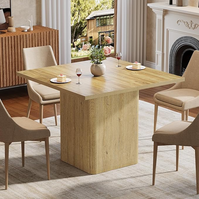 Tribesigns 39-Inch Square Dining Table for 4, Small Fluted Kitchen Table with Sturdy Pedestal, Farmhouse Wooden Dinner Table for Dining Room, Living Room, Kitchen, Small Space, Natural