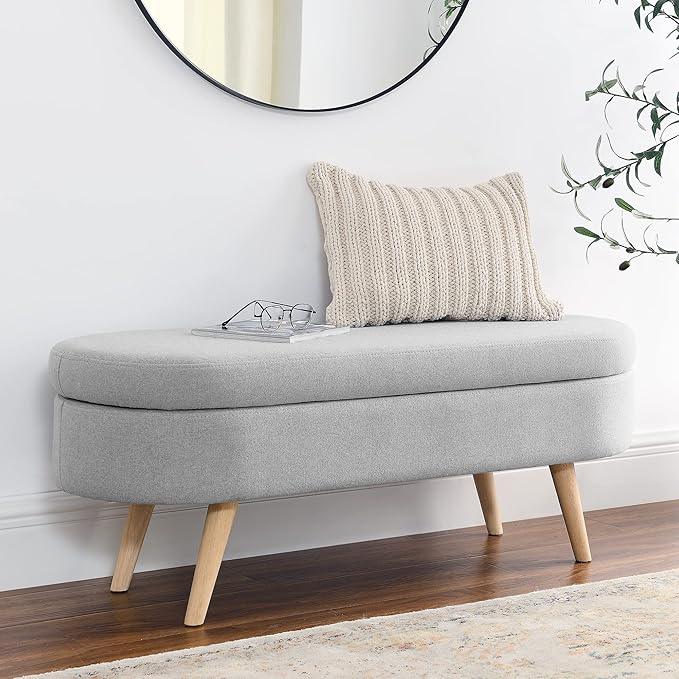 Storage Ottoman Bench 43" Storage Bench for Bedroom, Upholstered Soft Boucle Fabric End of Bed with Safety Hinge Solid Wood Legs Foot Stool Benches for Hallway,Closet,Oval, Entryway, Grey