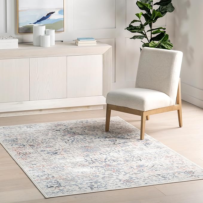 nuLOOM 6' Round Machine Washable Stain-Resistant Area Rug Medium Profile for Living Room, Bedroom, and Dining Room, Everlee Blue