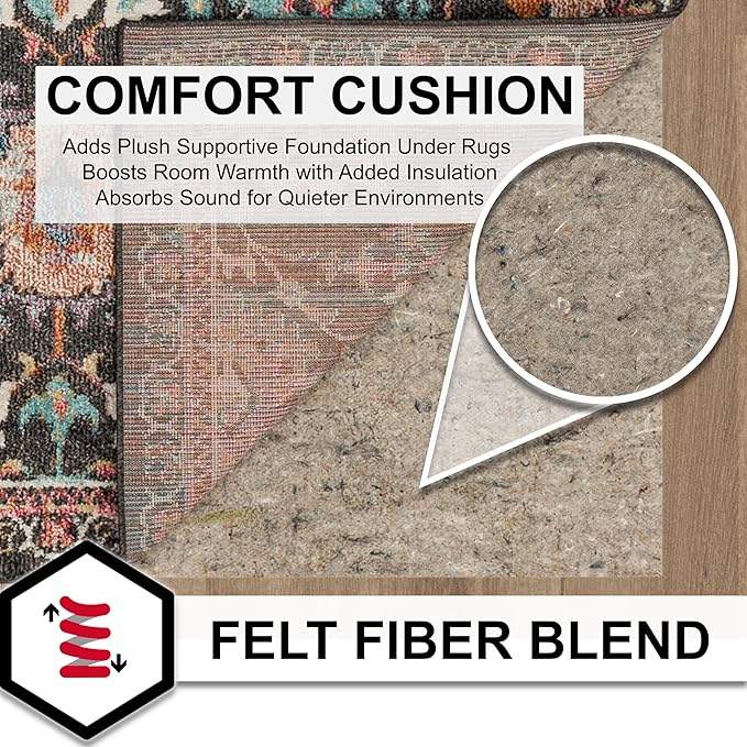 Mohawk Home 8' x 10' Non Slip Grip Rug Pad 3/8" Thick Dual Surface Felt Cushion + Rubber Gripper - Safe for All Floors