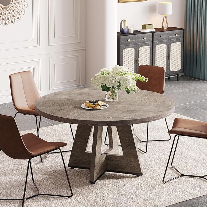 Tribesigns Round Dining Table for 4, 47 inch Farmhouse Circle Kitchen Table with Wooden Pedestal Base for Kitchen, Dining Room, Living Room (Grey)