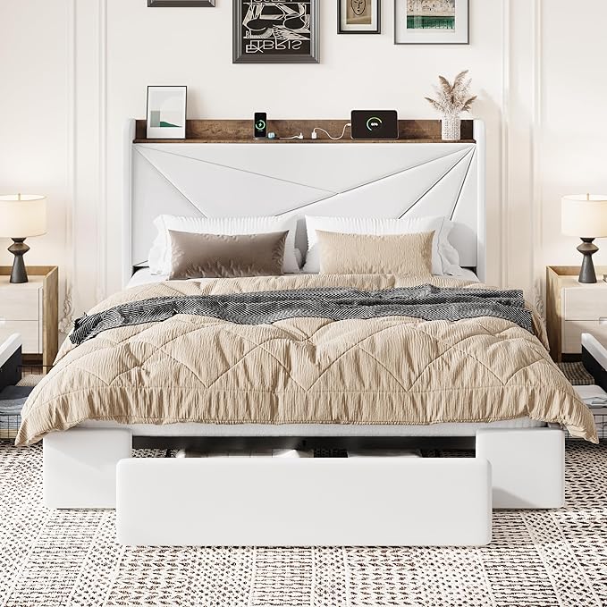 SHA CERLIN Full Size Bed Frame with 3 Drawers, USB & Type-C Charging Ports, Velvet Upholstered Platform Bed with Modern Geometric Wingback Storage Headboard, No Box Spring Needed, Easy Assembly, White