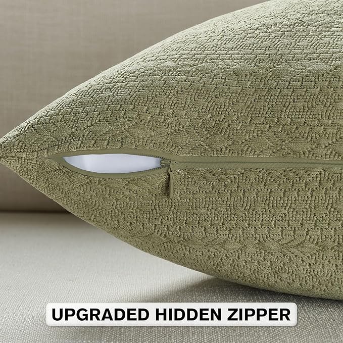 FUTEI Sage Green Chenille Throw Pillow Covers 22x22 Inch Set of 2,Soft Striped & Diamond Textured Cushion Cases,Modern Home Decor for Couch Living Room