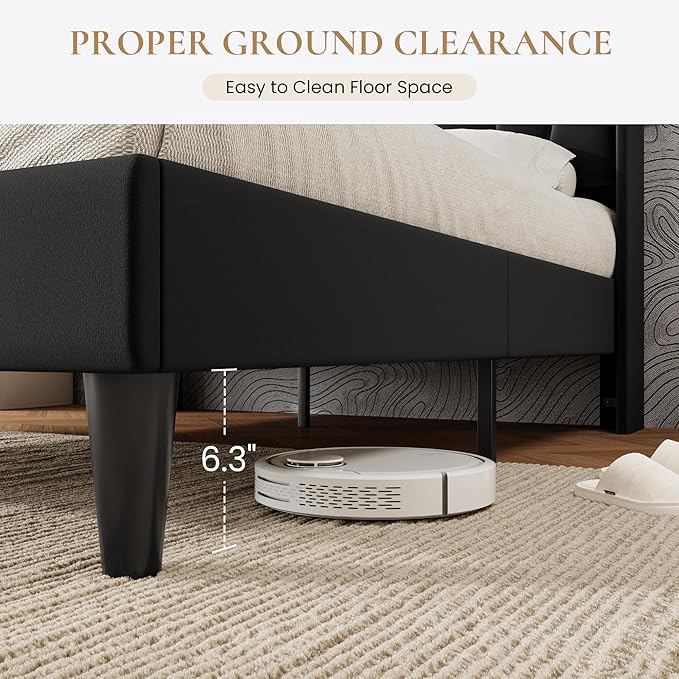 SHA CERLIN Full Size Bed Frame with Charging Station and LED Lights, Modern Velvet Platform Bed with Upholstered Geometric Wingback Headboard, No Box Spring Needed, Easy Assembly, Black