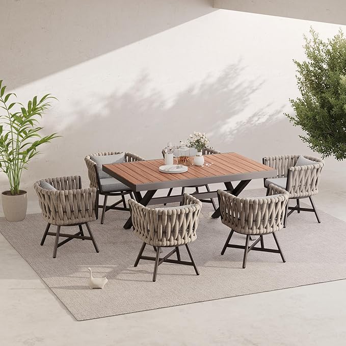 Grand patio 7-Piece Outdoor Dining Set for 6, Patio Dining Furniture Set for 6 Swivel Rope Wicker Chairs & 1 Extendable Rectangular Dining Table, Light Gray Brown