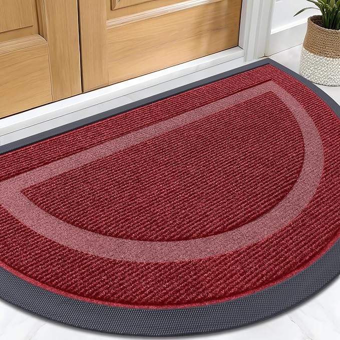 OLANLY Half Circle Door Mat Indoor Outdoor Entrance Welcome, Waterproof All-Season, All-Weather Doormat, Sturdy Natural Rubber, Low Profile, Easy Clean Patio Porch Entryway Mat, 59x34, Win Red
