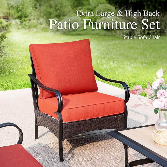 Sophia & William Patio Furniture Set, 5 Piece Metal Outdoor Conversation Set with 3-Seater Outdoor Couch, 2 Sofa Chairs, 1 Loveseat,1 Coffee Table for Outdoor Seating, Backyard, Porch(Red)