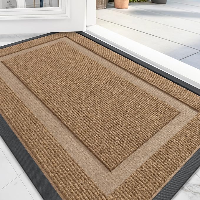 OLANLY Front Door Mat Indoor Outdoor Entrance, Waterproof All-Season, All-Weather Doormat, Sturdy Natural Rubber, Fade Resistant, Low Profile, Easy Clean Patio Porch Entryway Mat, 59x20, Light Brown