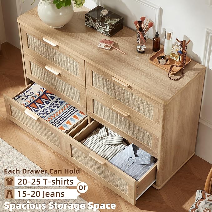 LEYAOYAO Rattan 6 Drawer Dresser for Bedroom, Boho 48" Wide Natural Wood Dresser Chest of Drawers, Dressers TV Stand with Metal Handle, Storage Dressers Closet Organizer for Living Room, Hallway