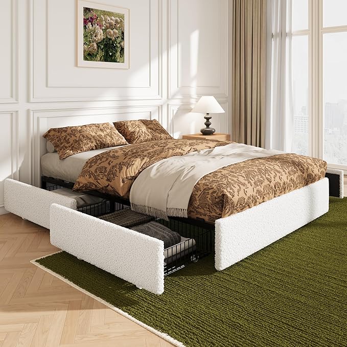 Allewie Full Size Bed Frame with 4 Oversized Storage Drawers, Soft Teddy Fabric, Boucle Upholstered Platform Bed, Wooden Slats Support, Noise-Free, No Box Spring Needed, Easy Assembly, White