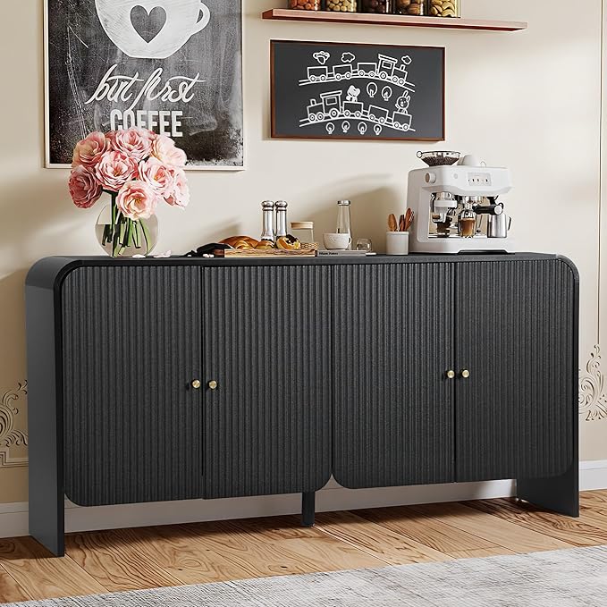 Fluted Sideboard Buffet Cabinet with Storage, 59'' Curved Buffet Cabinet with 4 Doors & Shleves, Modern Credenza Wood Coffee Bar Table Console for Dining Room Kitchen Living Room Entryway, Black