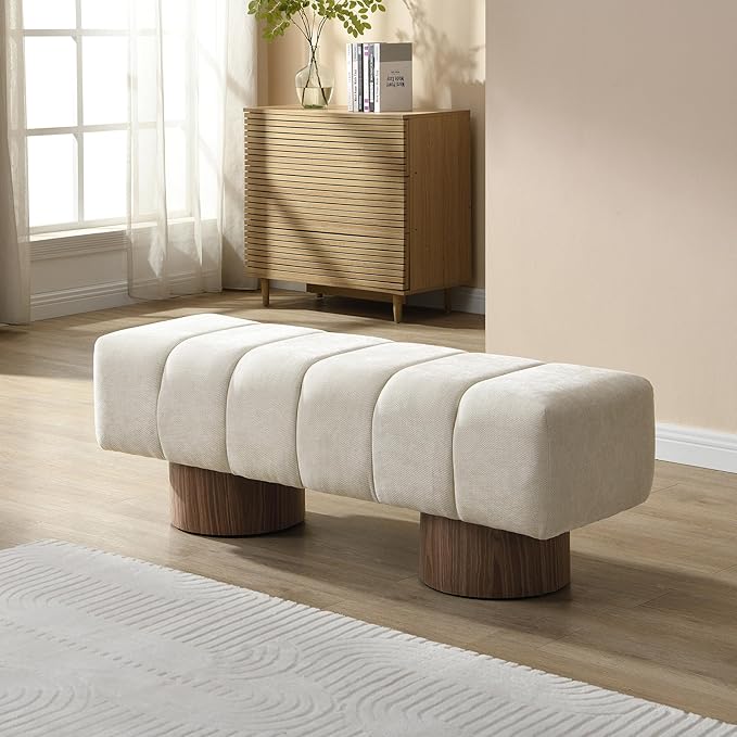 Christopher Knight Home Manila 50" Chenille Fabric Dining Bench for 2 People, Upholstery Ottoman Bench, End of Bed Footstool, Living Room Sofa Extra Seat/Footrest, No Assembly Needed, Light Beige