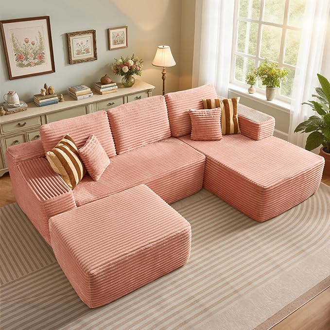 106" Cloud Sectional Couch with L-Shape Chaise & Ottoman, No Assembly Modular Sofa, Deep Seat Plush Corduroy Boneless Couched for Living Room (Pink Plush Corduroy, Right Facing Chaise with Ottoman)