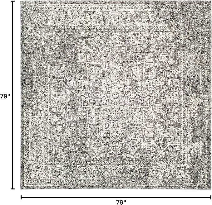 SAFAVIEH Evoke Collection Area Rug - 6'7" Square, Grey & Ivory, Distressed Design, Non-Shedding & Easy to Clean, Ideal for Living Room, Bedroom, Dining Space (EVK256D)