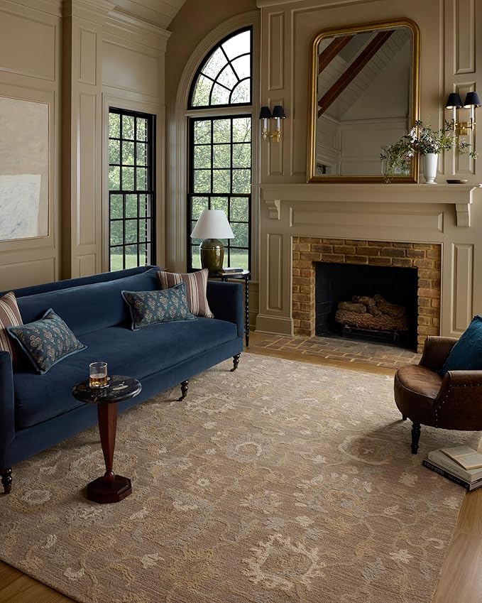 Loloi Chris Loves Julia Dorothea Collection DRT-01 Bark/Stone 2'-6" x 7'-6" Runner Rug Wool Neutral Floral Living Room Bedroom Carpet