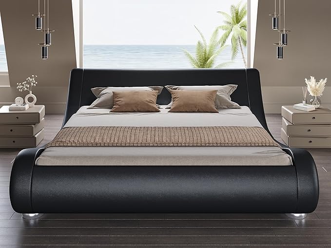 SHA CERLIN King Size Upholstered Bed Frame, Deluxe Low Profile Sleigh Bed with Faux Leather Ergonomics Headboard, No Box Spring Needed & Easy Assembly, Black