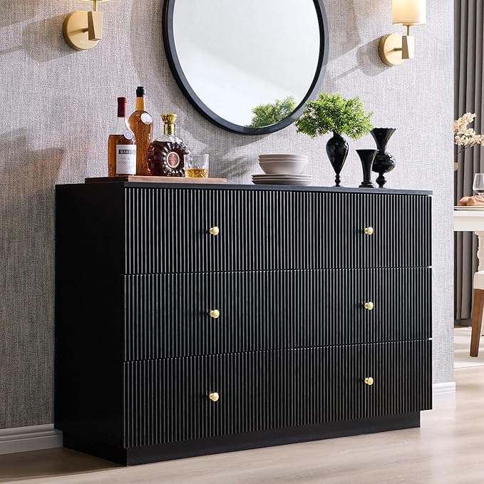 Fluted Dresser for Bedroom, 47" Black 6 Drawer Dressers, Wood Tall Dresser Storage Organizer, Modern Chest of Drawers with Deep Storage for Closet Hallway, Entryway, Living Room, Black