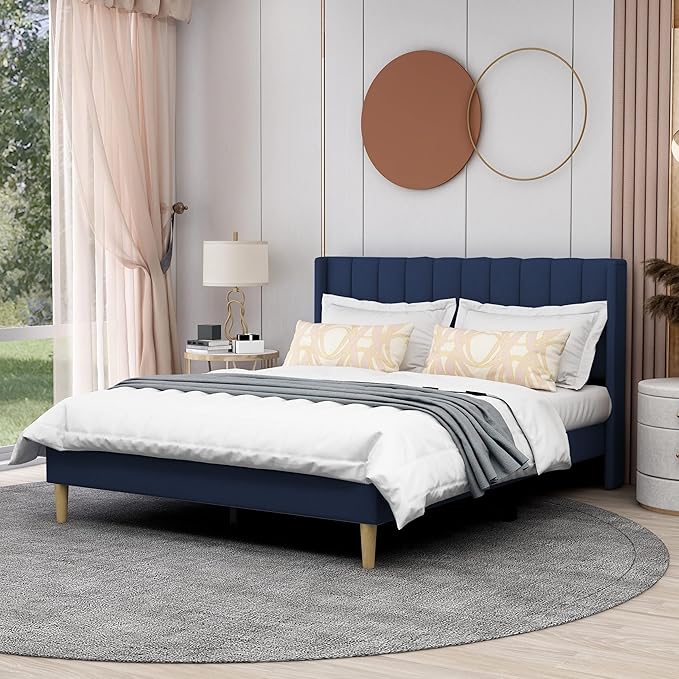 AGARTT Upholstered Platform Bed Frame Queen Size with Headboard and Footboard/Wooden Slats Support/No Box Spring Needed/Easy Assembly,Blue Velvet